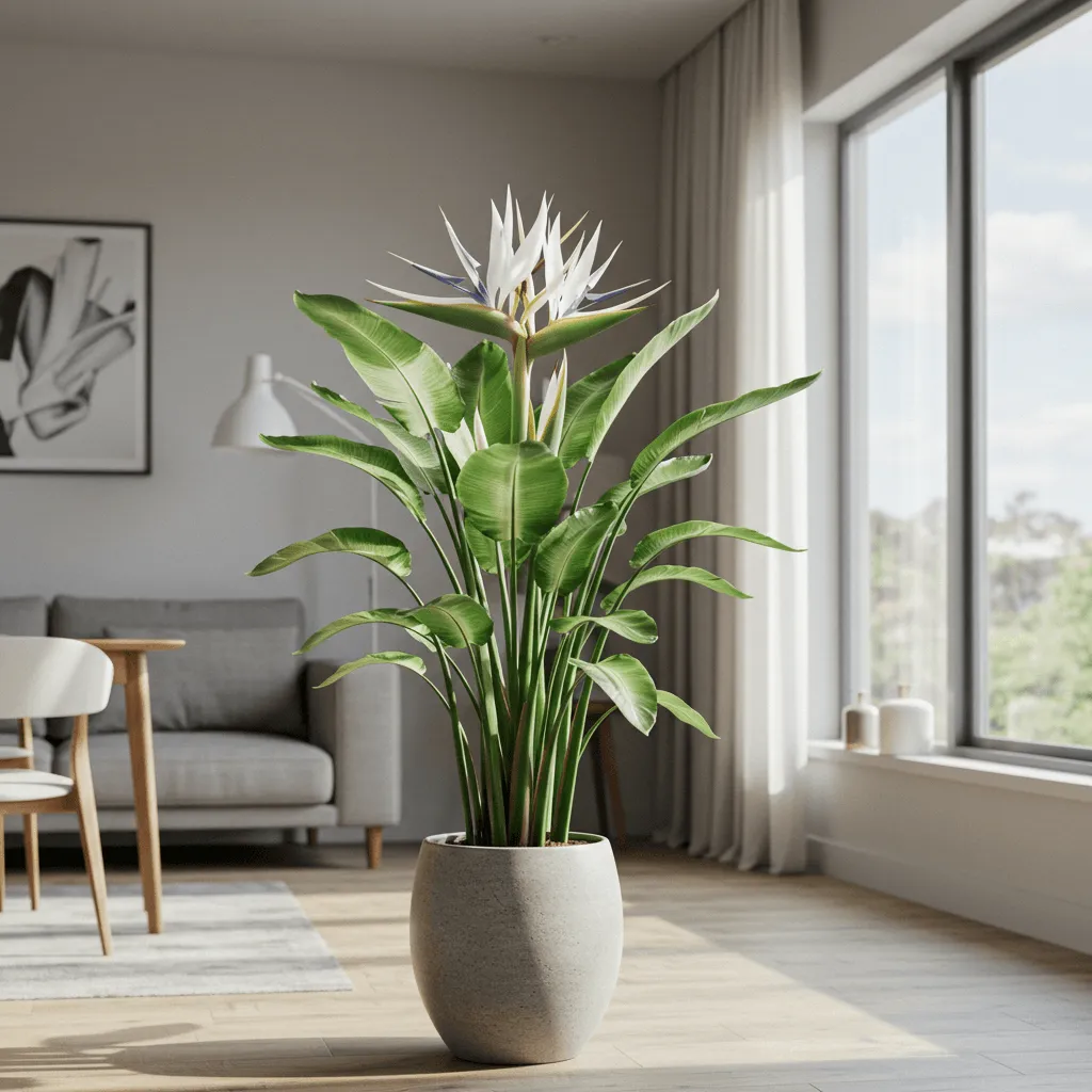 White Bird of Paradise plant with large green leaves in a bright indoor setting, adding a tropical and elegant touch to the space.