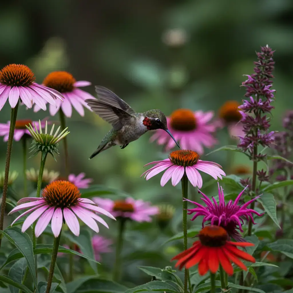 A close-up of a hummingbird hovering near vibrant red and orange tubular flowers in a lush garden. The bird's iridescent feathers shimmer in the sunlight, while the flowers provide a striking burst of color against a soft, blurred green background.