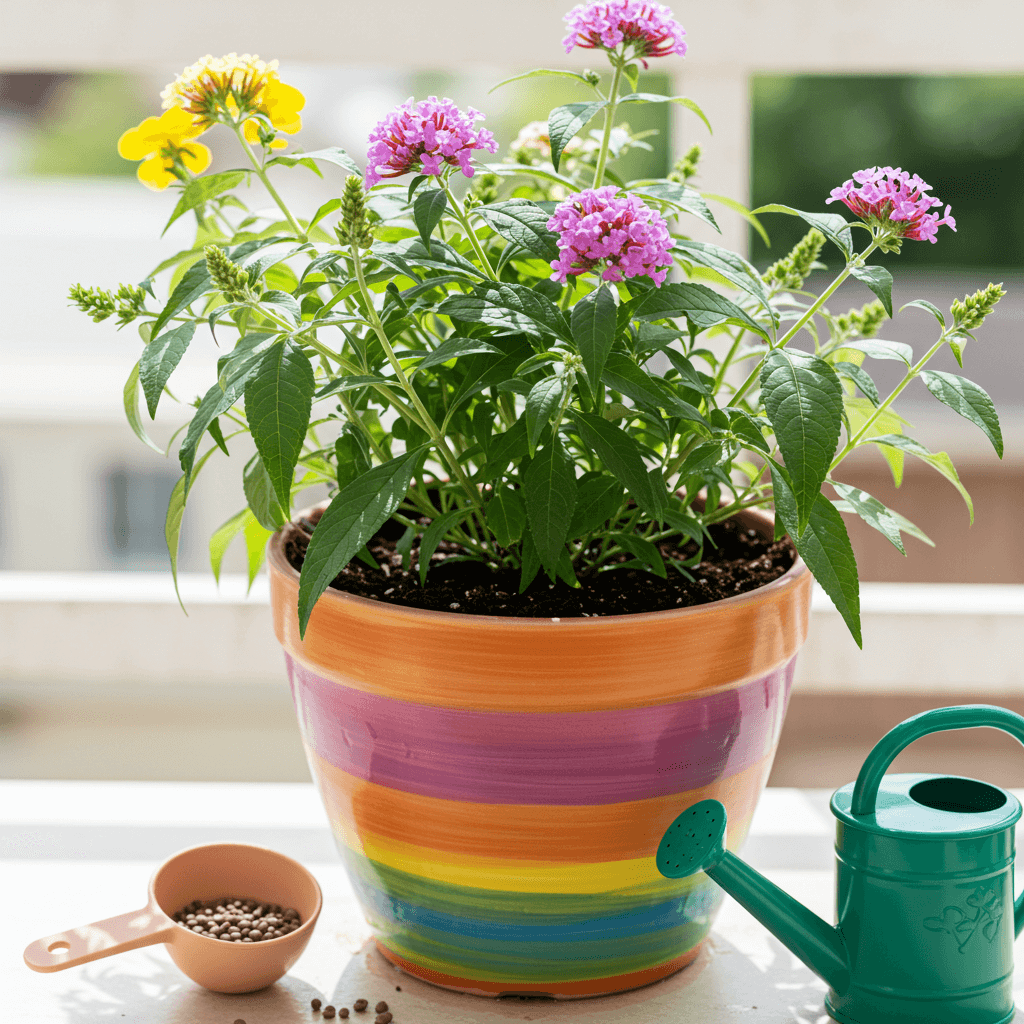 A vibrant Butterfly Plant in a decorative pot, showcasing colorful butterfly-shaped flowers in shades of pink, purple, and orange. Butterflies are fluttering around the plant, set against a lush green garden background.