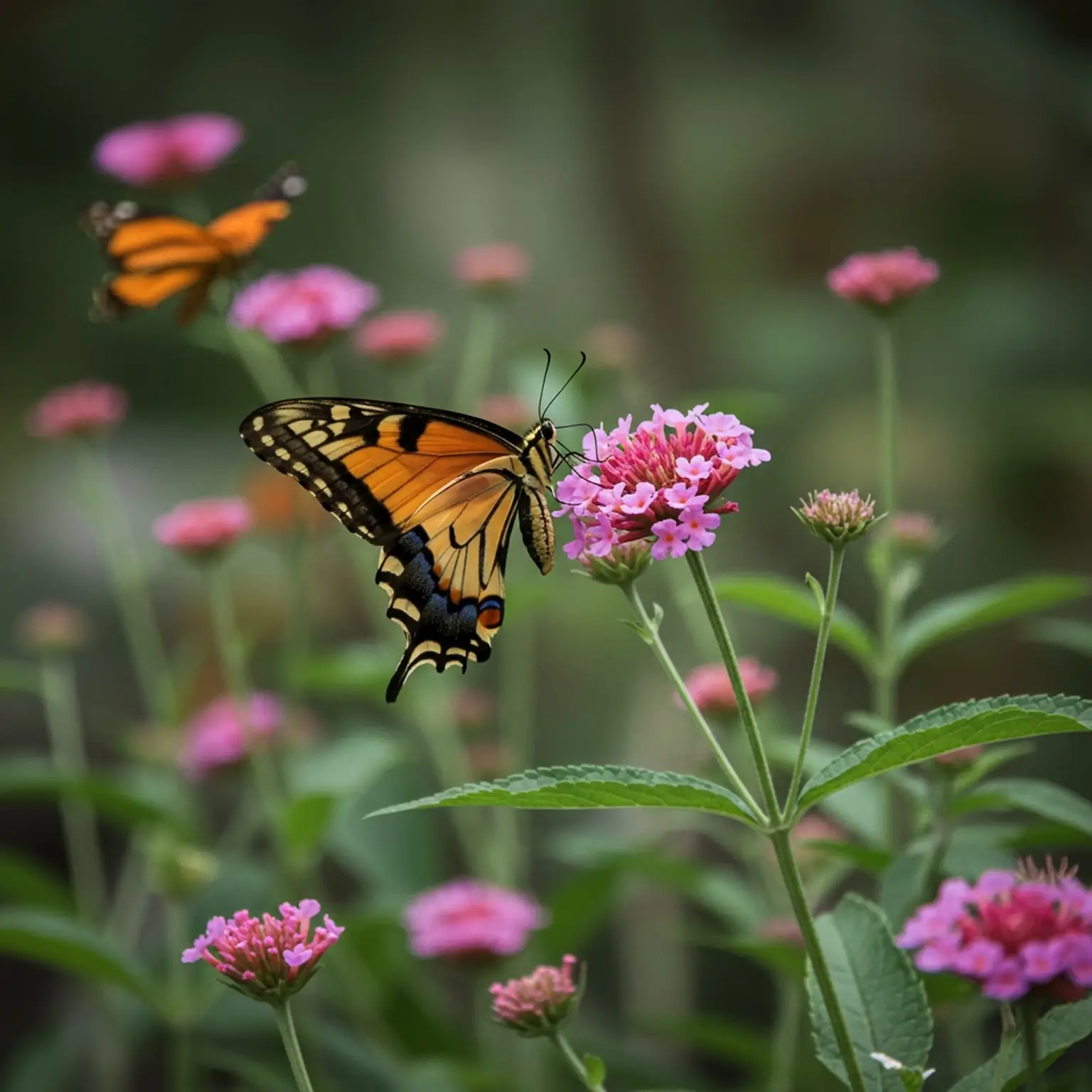 A close-up of a Butterfly Plant with intricate, butterfly-shaped flowers in vibrant hues of yellow, blue, and red, surrounded by lush green leaves. Butterflies hover gracefully around the plant, set against a soft-focus background of a sunlit meadow.