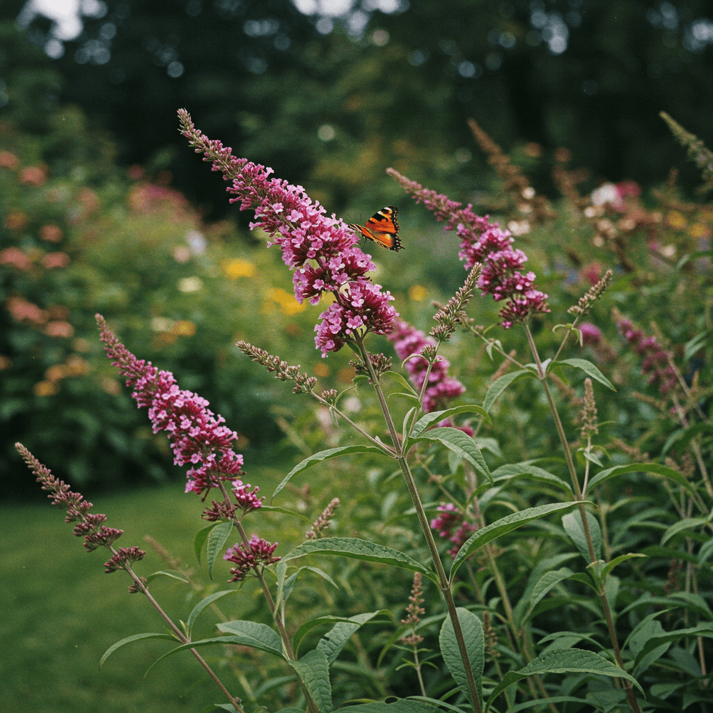 A vibrant outdoor butterfly garden filled with colorful flowers like milkweed, coneflowers, and lantana, with butterflies fluttering around