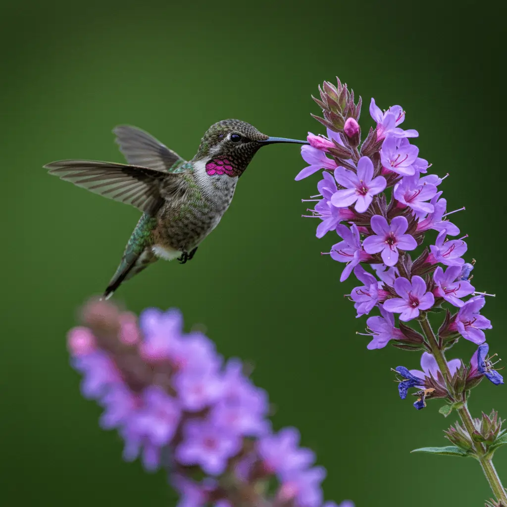 A vibrant hummingbird with iridescent green and blue feathers hovers mid-air, sipping nectar from a cluster of bright pink and orange trumpet-shaped flowers. The background is softly blurred, highlighting the bird and flowers.