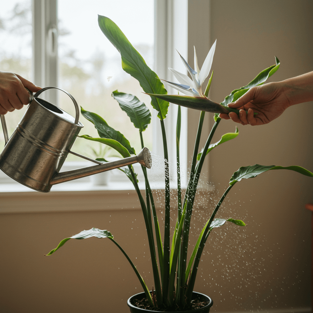 White Bird of Paradise plant thriving in a sunny indoor space with large green leaves.
