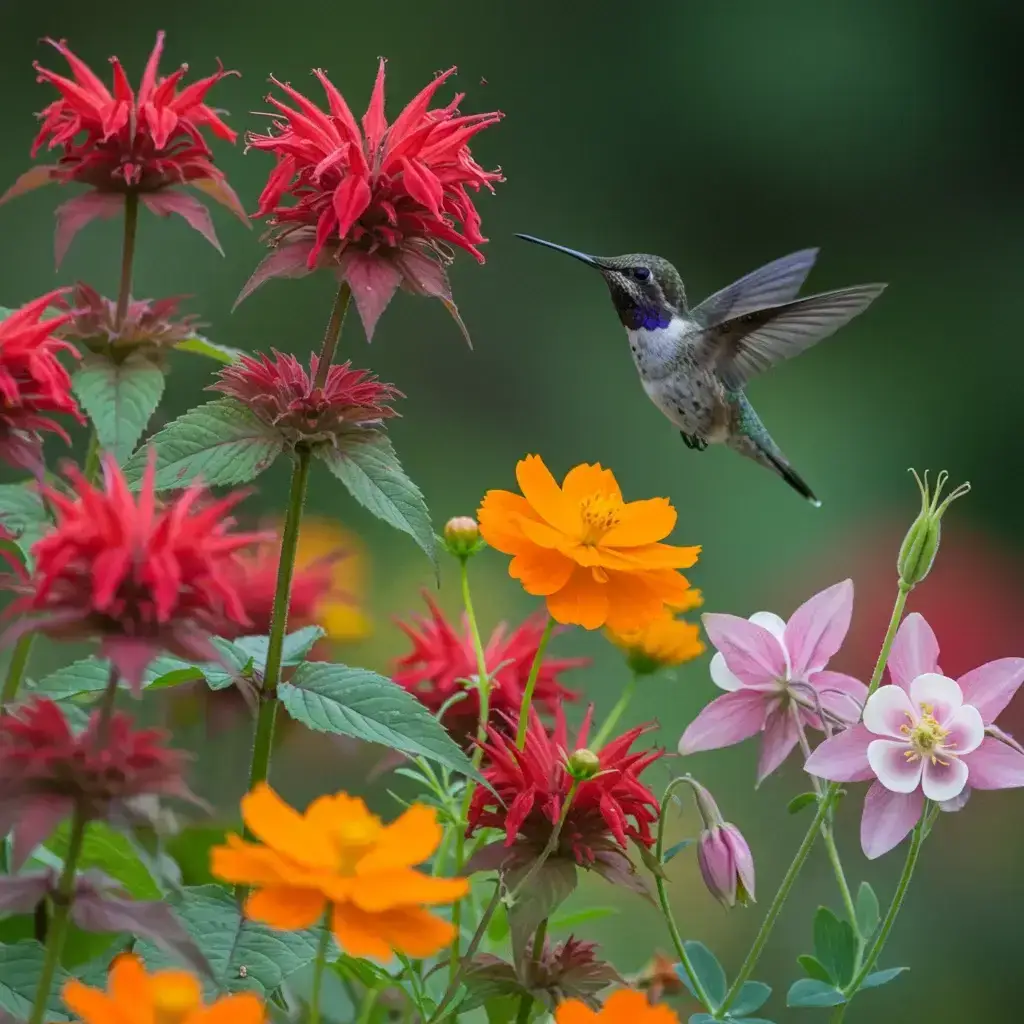Mature hummingbird flower garden with multiple species feeding on nectar-rich blooms