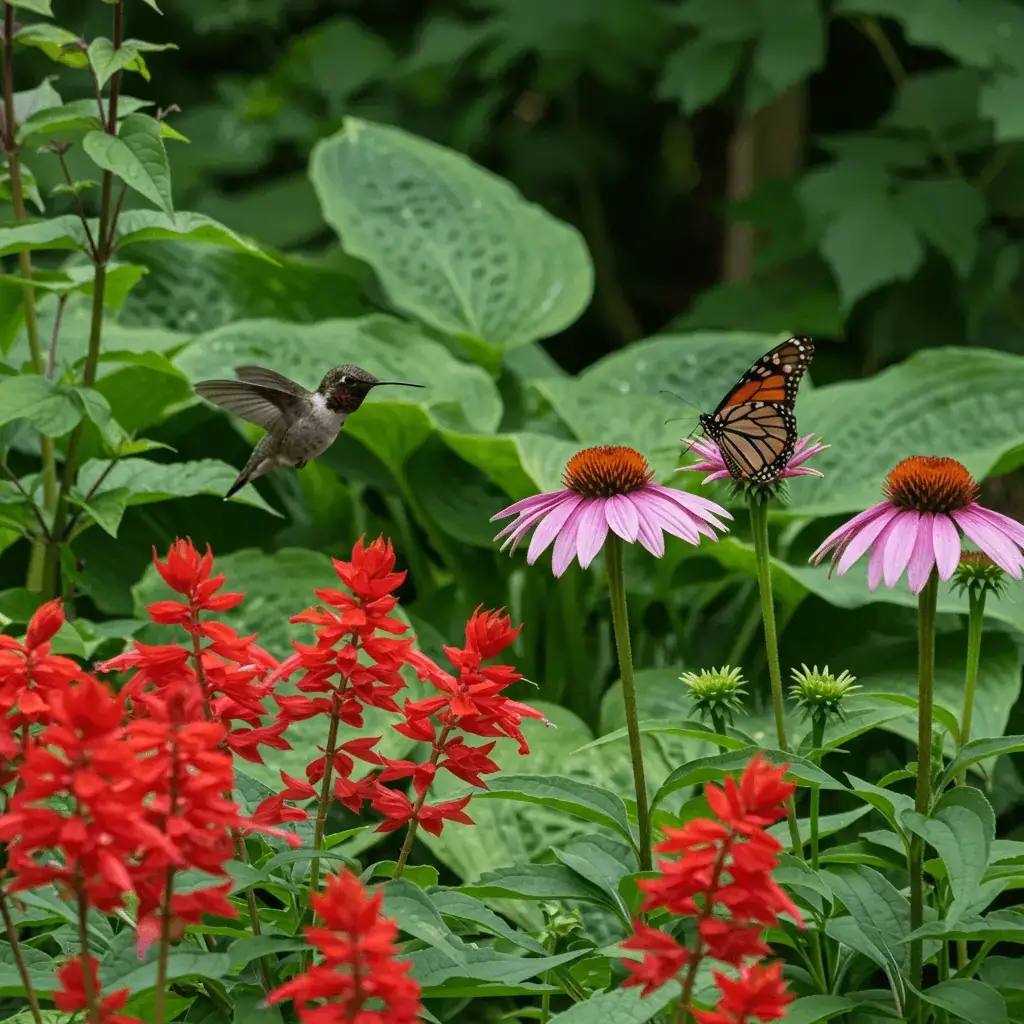 A vibrant garden filled with colorful flowers like bee balm, salvia, and butterfly bush, attracting hummingbirds and butterflies fluttering around them.