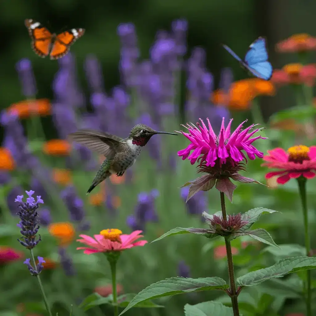 A sunny butterfly garden featuring clusters of purple coneflowers (Echinacea) and orange milkweed (Asclepias), with monarch butterflies perched on the blooms.