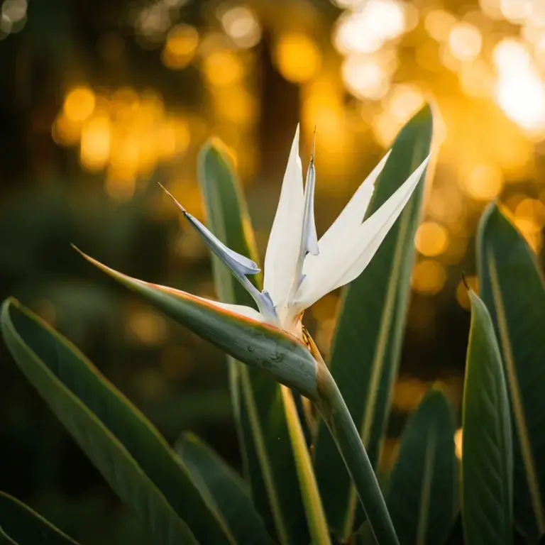 A lush White Bird of Paradise plant with large, vibrant green leaves basking in sunlight indoors near a bright window.